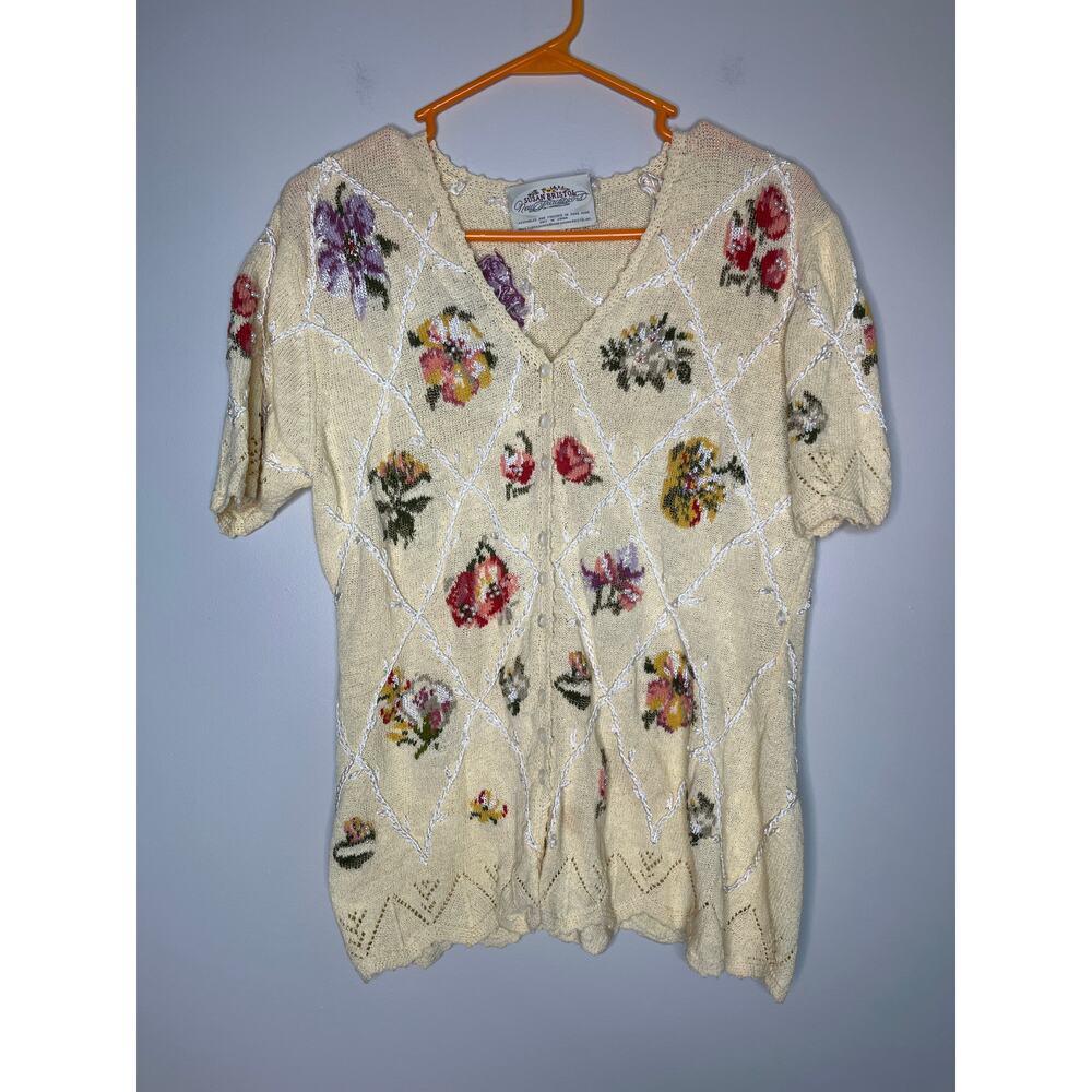 90s Susan Bristol Butter Yellow Pastel Floral Easter Feminine Coquette Sweater M